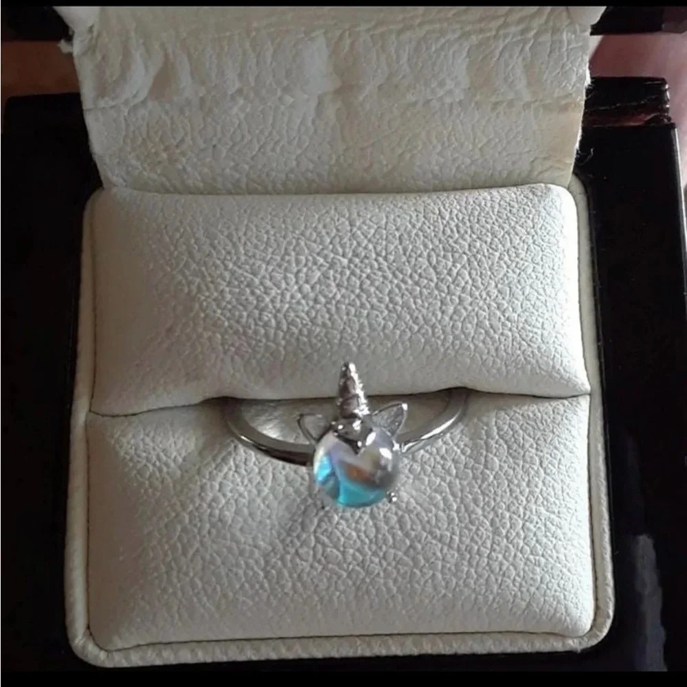 NEW Cute Silver Unicorn Opal Moonstone Ring